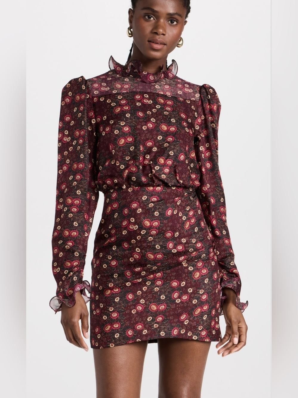 Saloni rina b dress Burgundy red Floral Mini Dress Sheer Ruffle High Neck silk 2